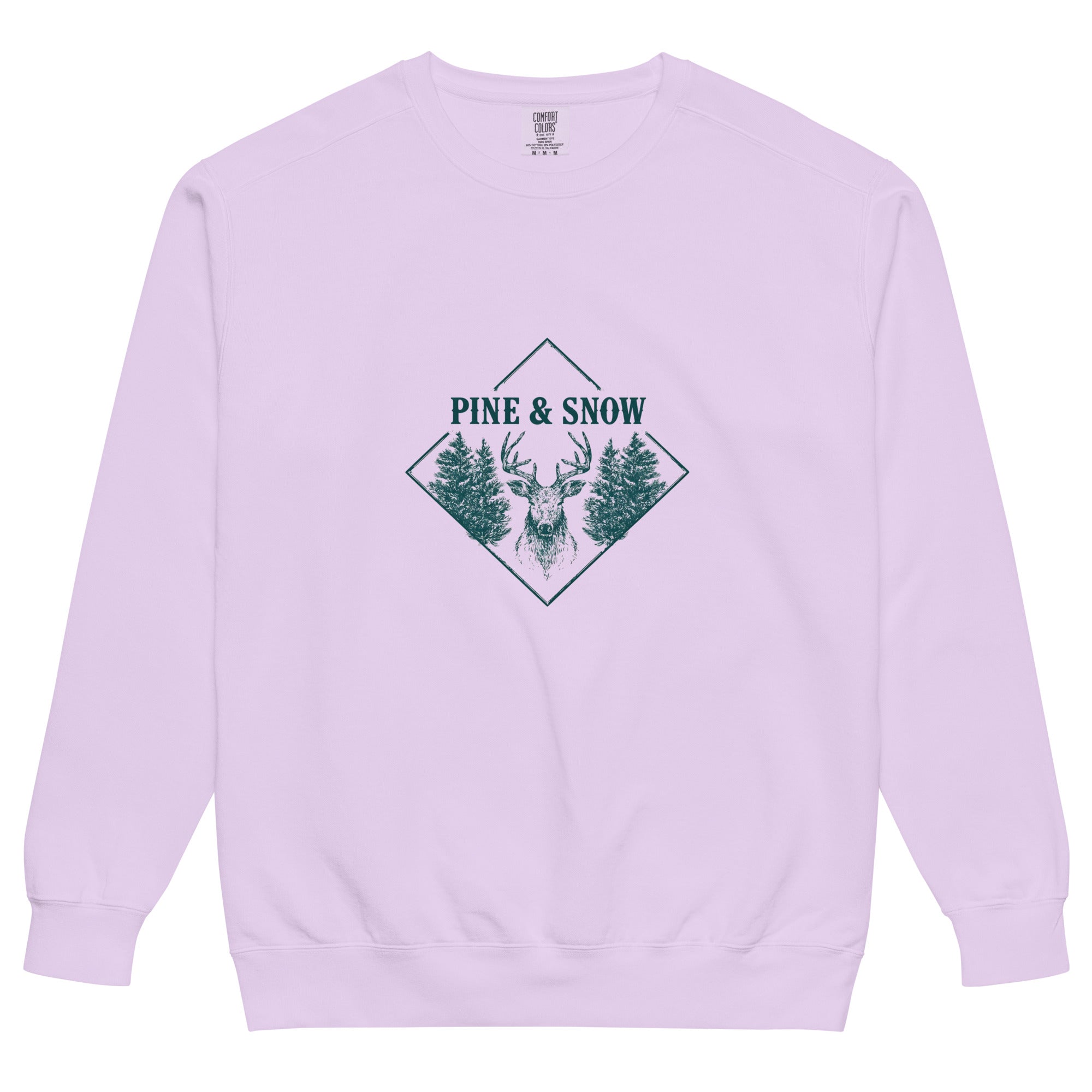 Stag emblem with pine and snow design on an Orchid garment-dyed sweatshirt