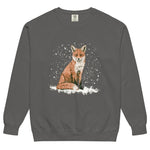 Red fox sitting in the snow design on a Pepper garment-dyed sweatshirt