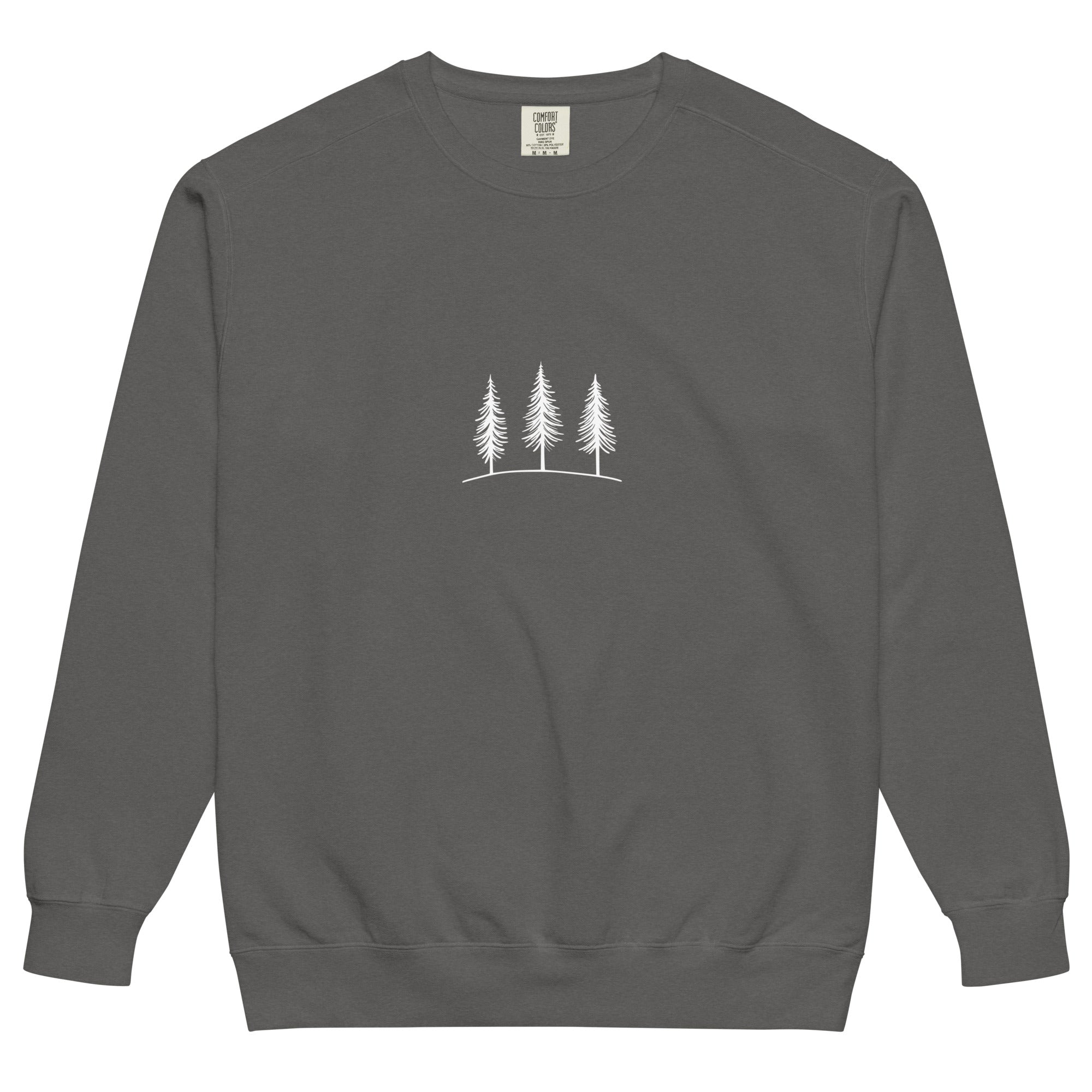 Three pine trees design on a Pepper garment-dyed sweatshirt