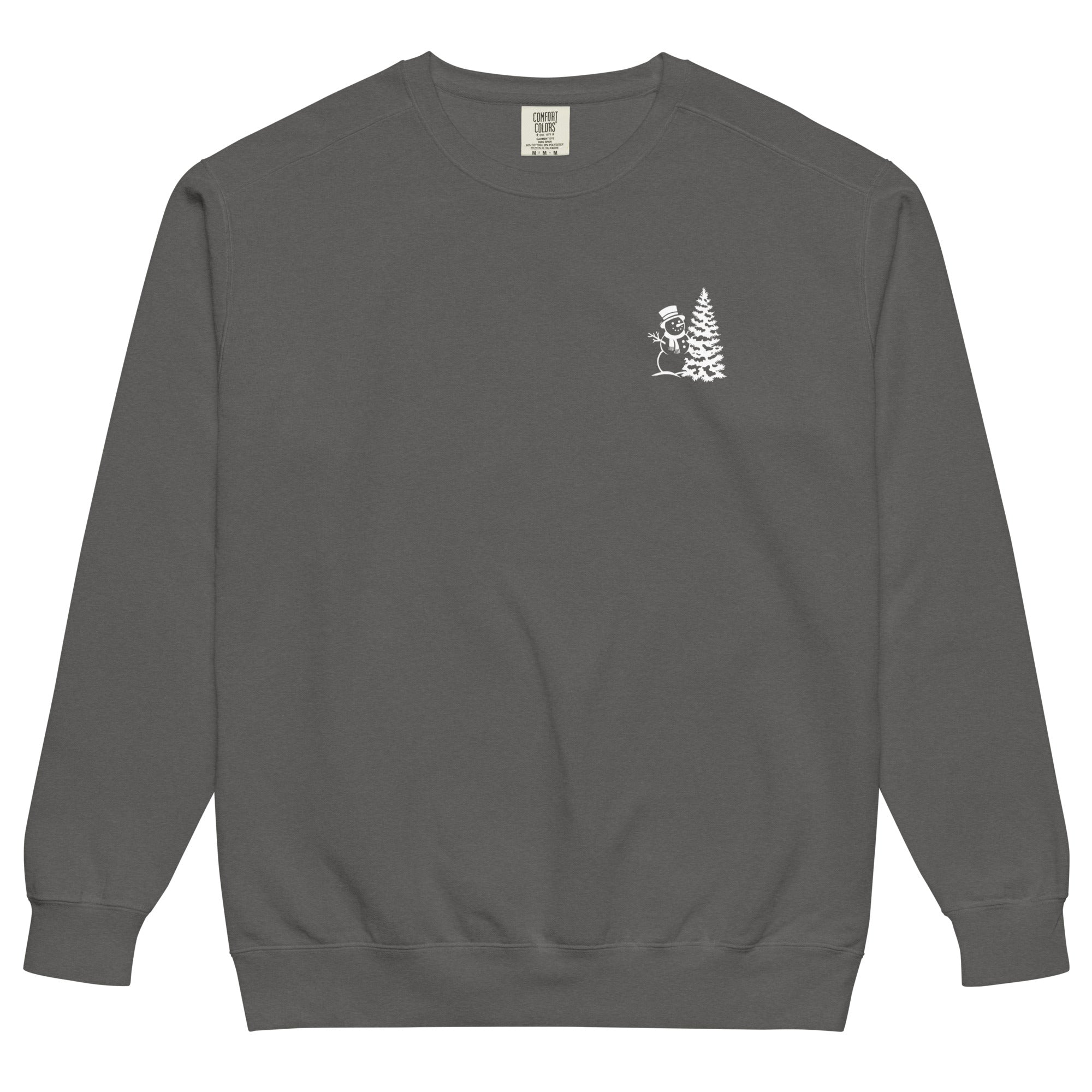 Snowman and Christmas tree design on a Pepper garment-dyed sweatshirt