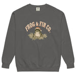 Toad and ferns badge design on a Pepper garment-dyed sweatshirt