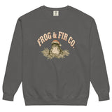 Toad and ferns badge design on a Pepper garment-dyed sweatshirt