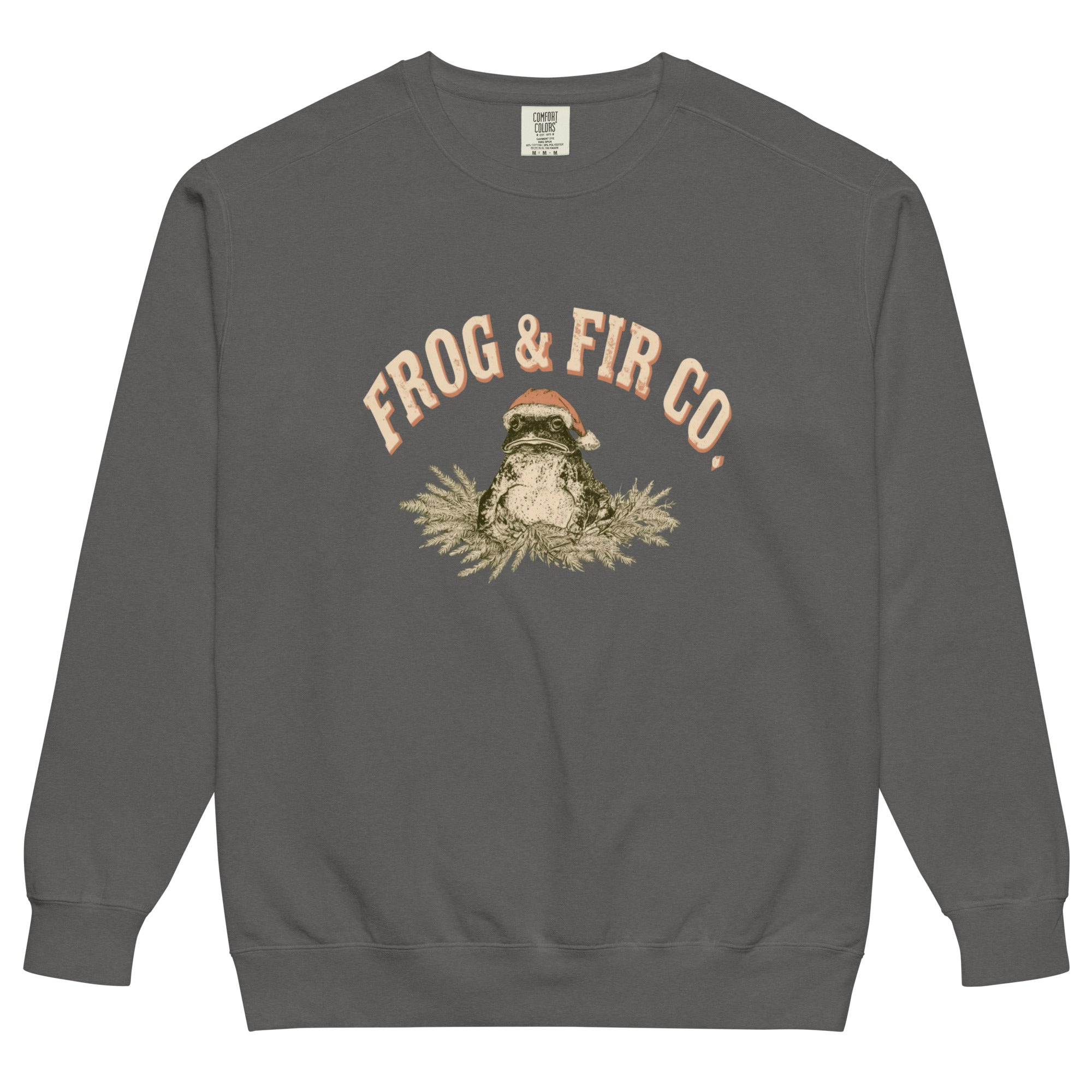 Toad and ferns badge design on a Pepper garment-dyed sweatshirt