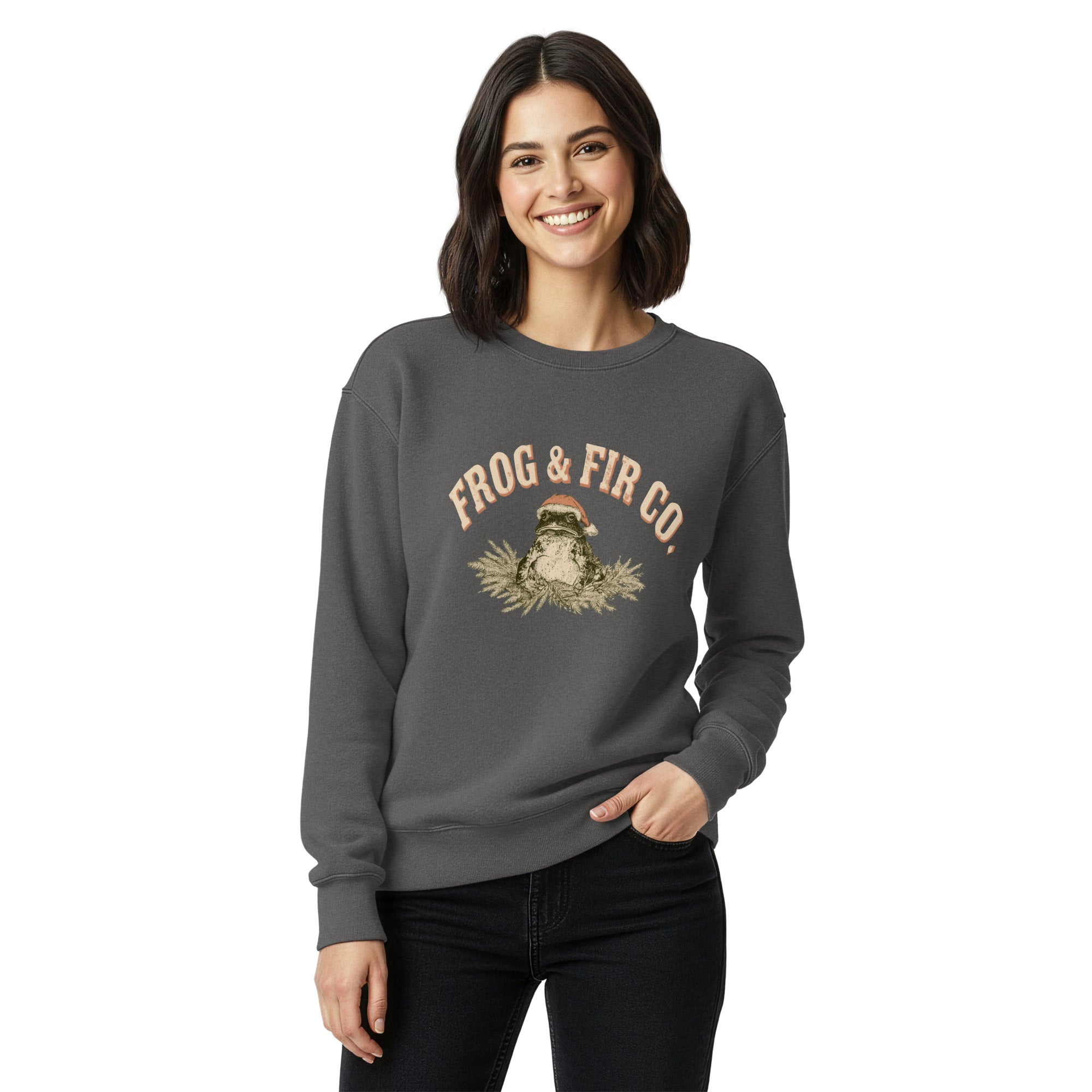 Toad and ferns badge design on a Pepper garment-dyed sweatshirt