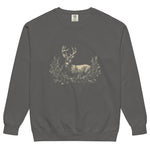 White stag among pine boughs design on a Pepper garment-dyed sweatshirt