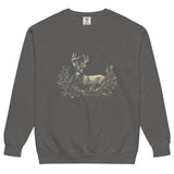 White stag among pine boughs design on a Pepper garment-dyed sweatshirt