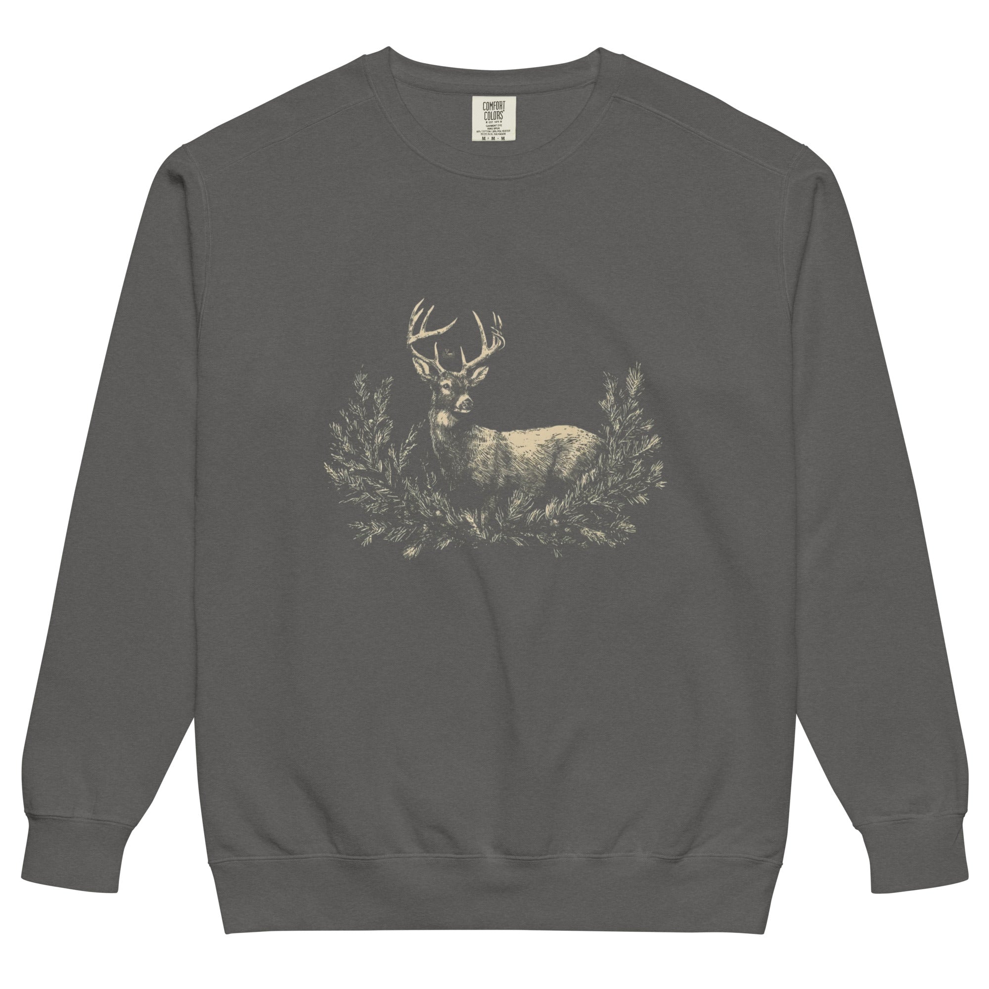 White stag among pine boughs design on a Pepper garment-dyed sweatshirt