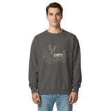 White stag among pine boughs design on a Pepper garment-dyed sweatshirt