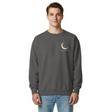 Sleepy fox in a crescent moon design on a Pepper garment-dyed sweatshirt