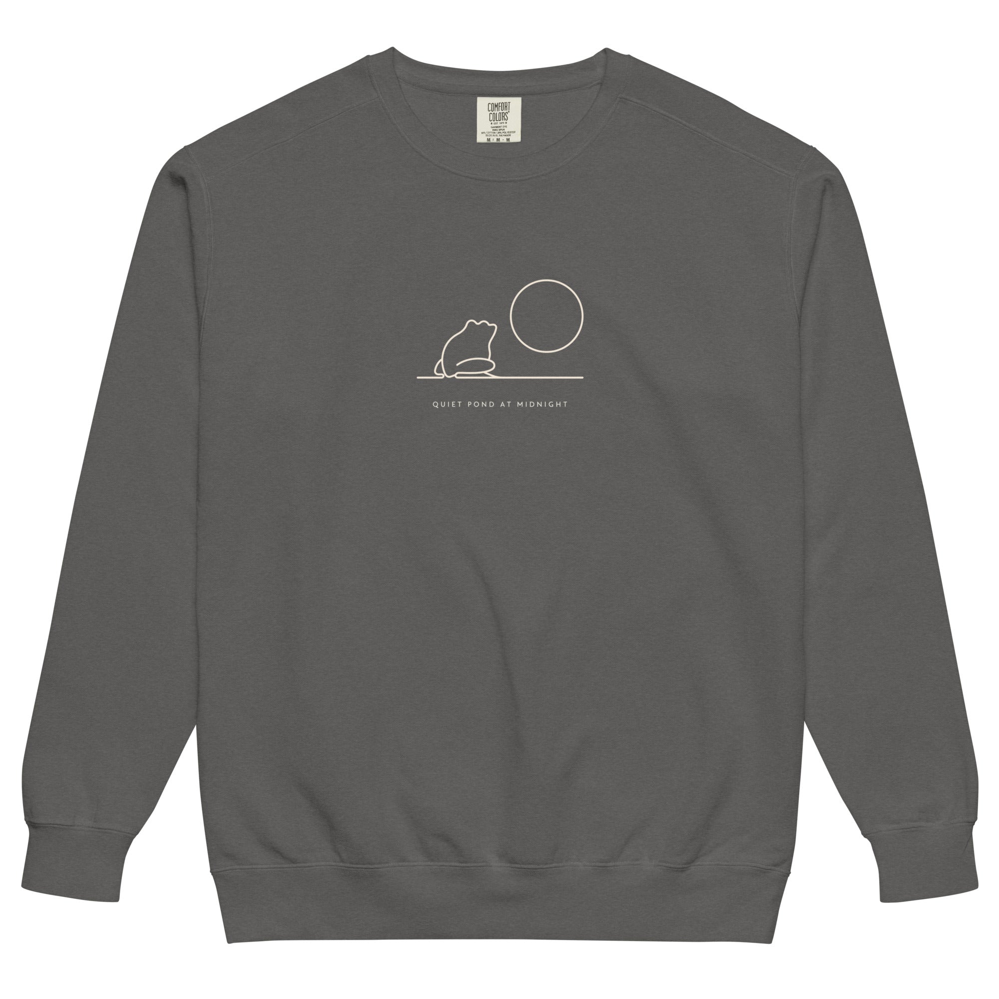 Frog and moon at a quiet pond design on a Pepper garment-dyed sweatshirt