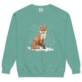 Red fox sitting in the snow design on a Seafoam garment-dyed sweatshirt
