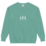 Three pine trees design on a Seafoam garment-dyed sweatshirt