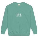 Three pine trees design on a Seafoam garment-dyed sweatshirt