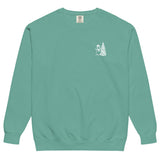 Snowman and Christmas tree design on a Seafoam garment-dyed sweatshirt