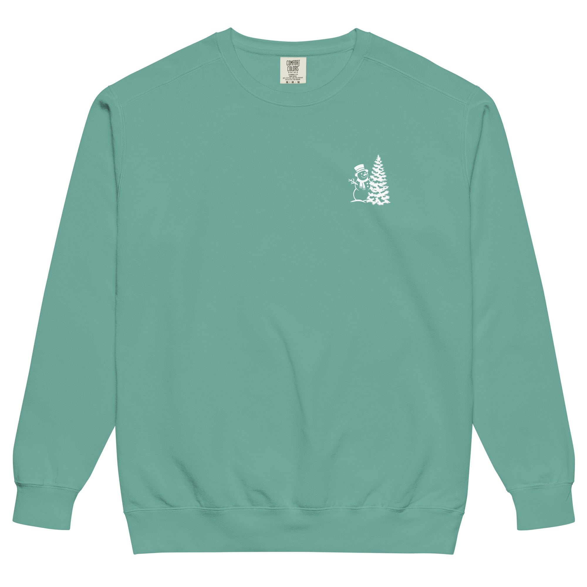 Snowman and Christmas tree design on a Seafoam garment-dyed sweatshirt