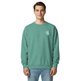 Snowman and Christmas tree design on a Seafoam garment-dyed sweatshirt