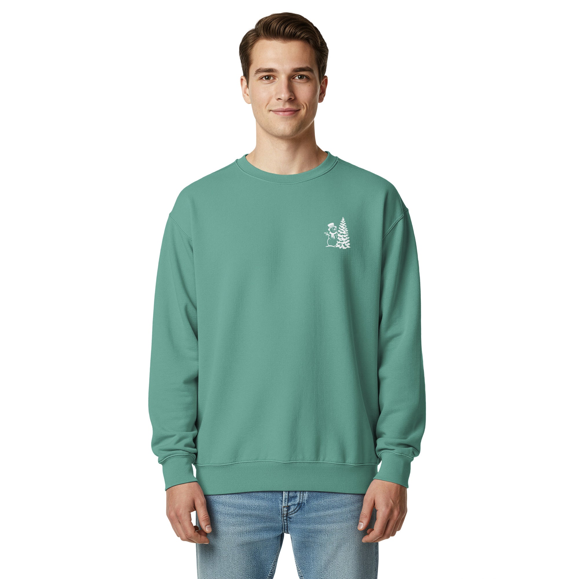 Snowman and Christmas tree design on a Seafoam garment-dyed sweatshirt
