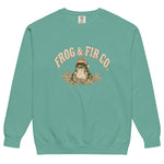 Toad and ferns badge design on a Seafoam garment-dyed sweatshirt