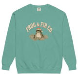 Toad and ferns badge design on a Seafoam garment-dyed sweatshirt