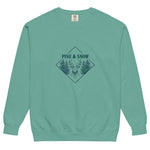 Stag emblem with pine and snow design on a Seafoam garment-dyed sweatshirt