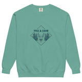 Stag emblem with pine and snow design on a Seafoam garment-dyed sweatshirt