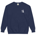 Snowman and Christmas tree design on a True Navy garment-dyed sweatshirt