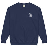 Snowman and Christmas tree design on a True Navy garment-dyed sweatshirt