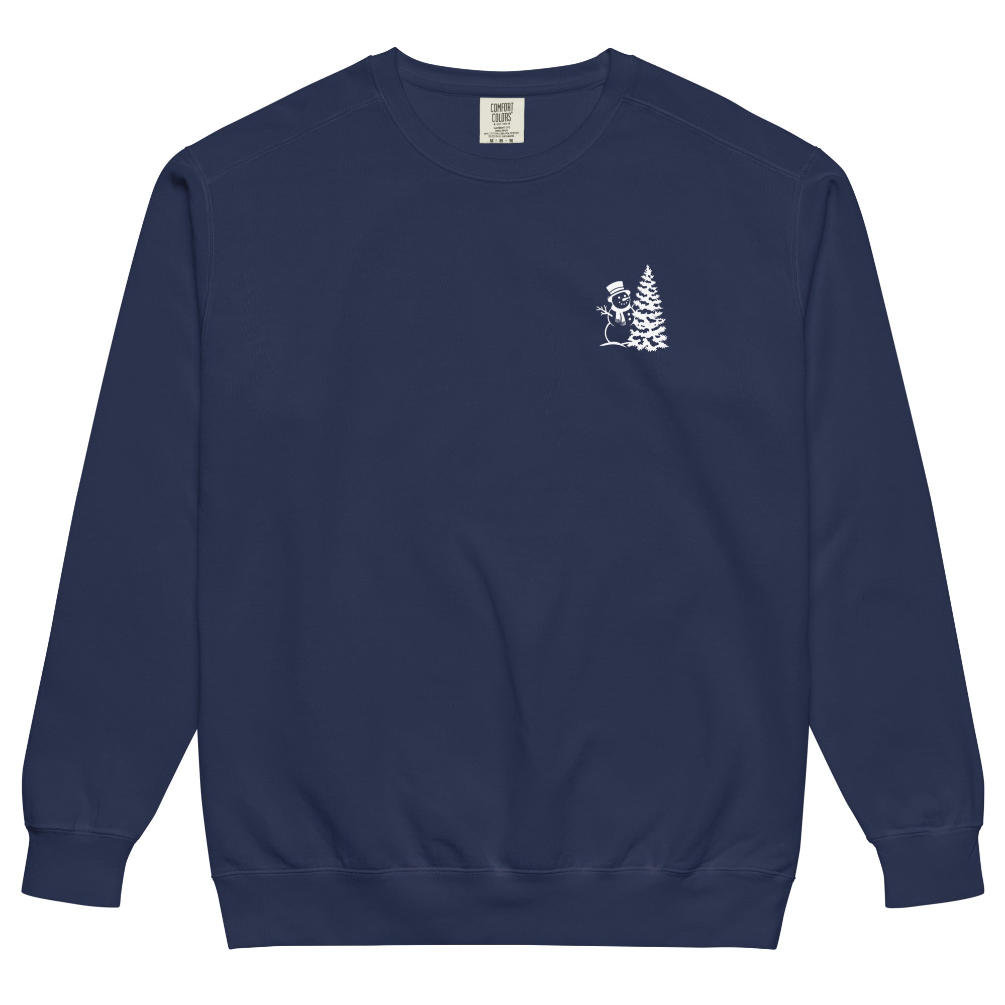 Snowman and Christmas tree design on a True Navy garment-dyed sweatshirt