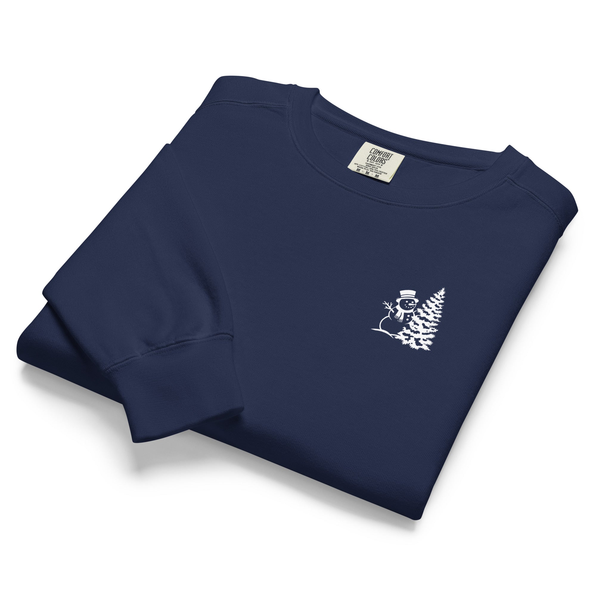 Snowman and Christmas tree design on a True Navy garment-dyed sweatshirt