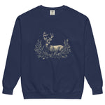 White stag among pine boughs design on a True Navy garment-dyed sweatshirt