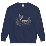 White stag among pine boughs design on a True Navy garment-dyed sweatshirt
