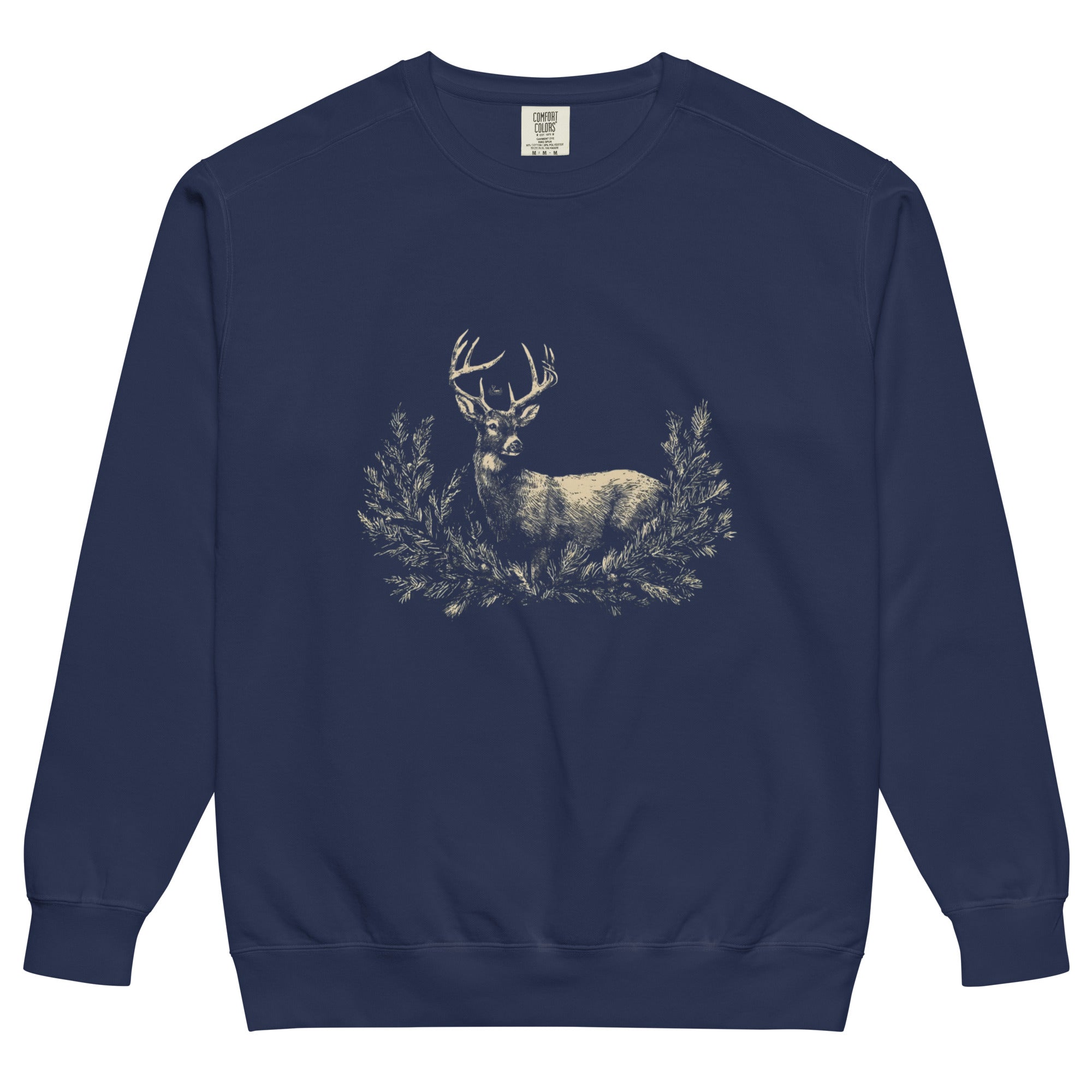 White stag among pine boughs design on a True Navy garment-dyed sweatshirt