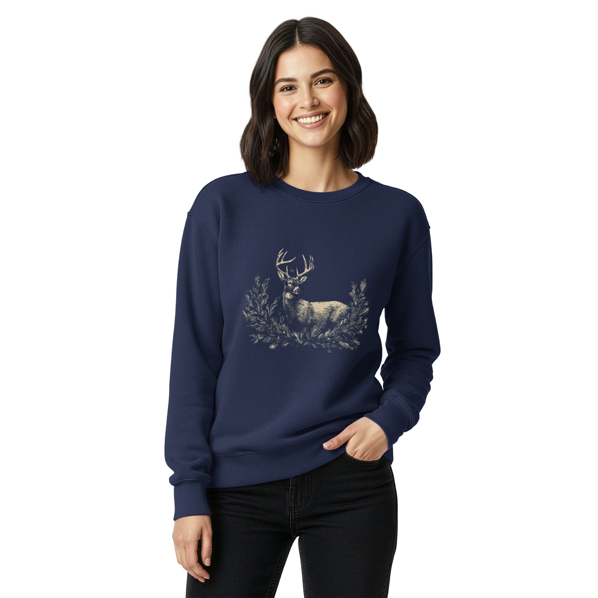 White stag among pine boughs design on a True Navy garment-dyed sweatshirt