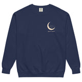 Sleepy fox in a crescent moon design on a True Navy garment-dyed sweatshirt