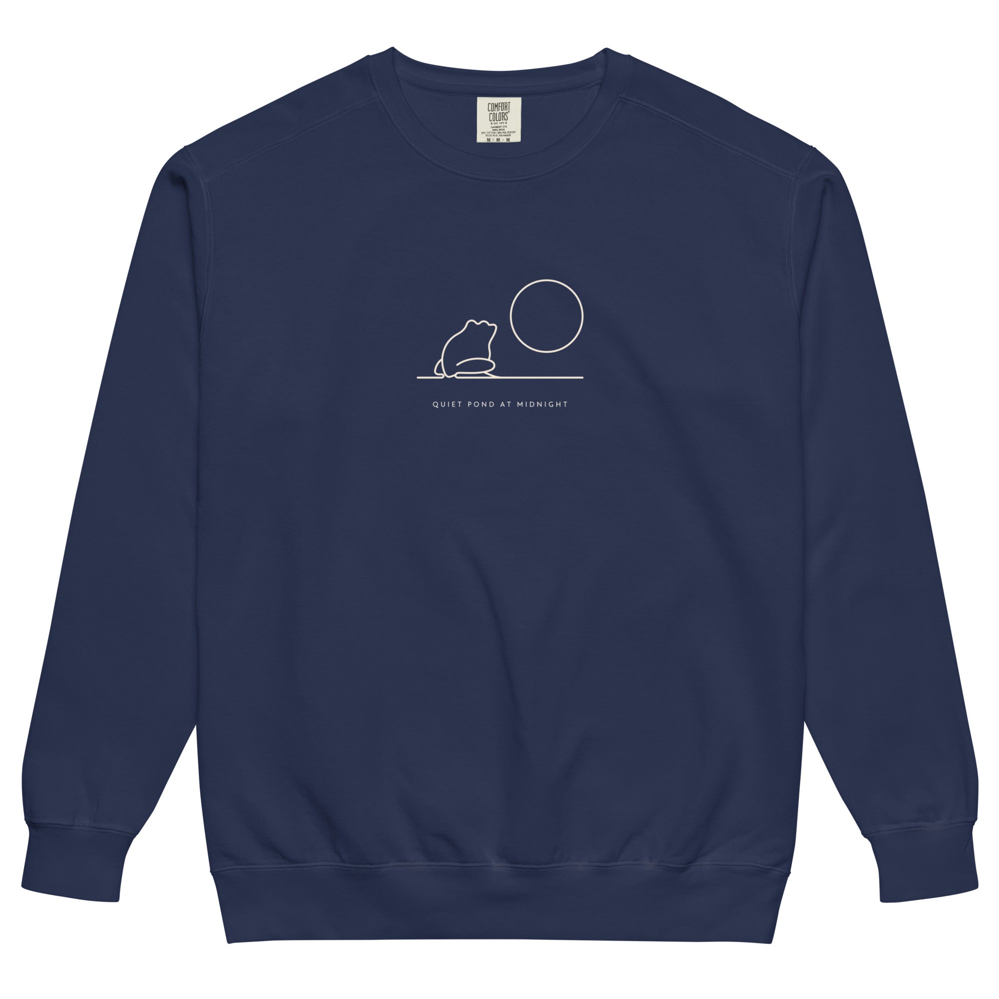 Frog and moon at a quiet pond design on a True Navy garment-dyed sweatshirt