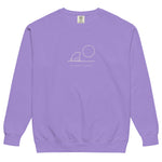 Frog and moon at a quiet pond design on a Violet garment-dyed sweatshirt