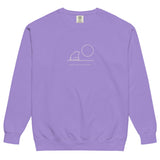 Frog and moon at a quiet pond design on a Violet garment-dyed sweatshirt