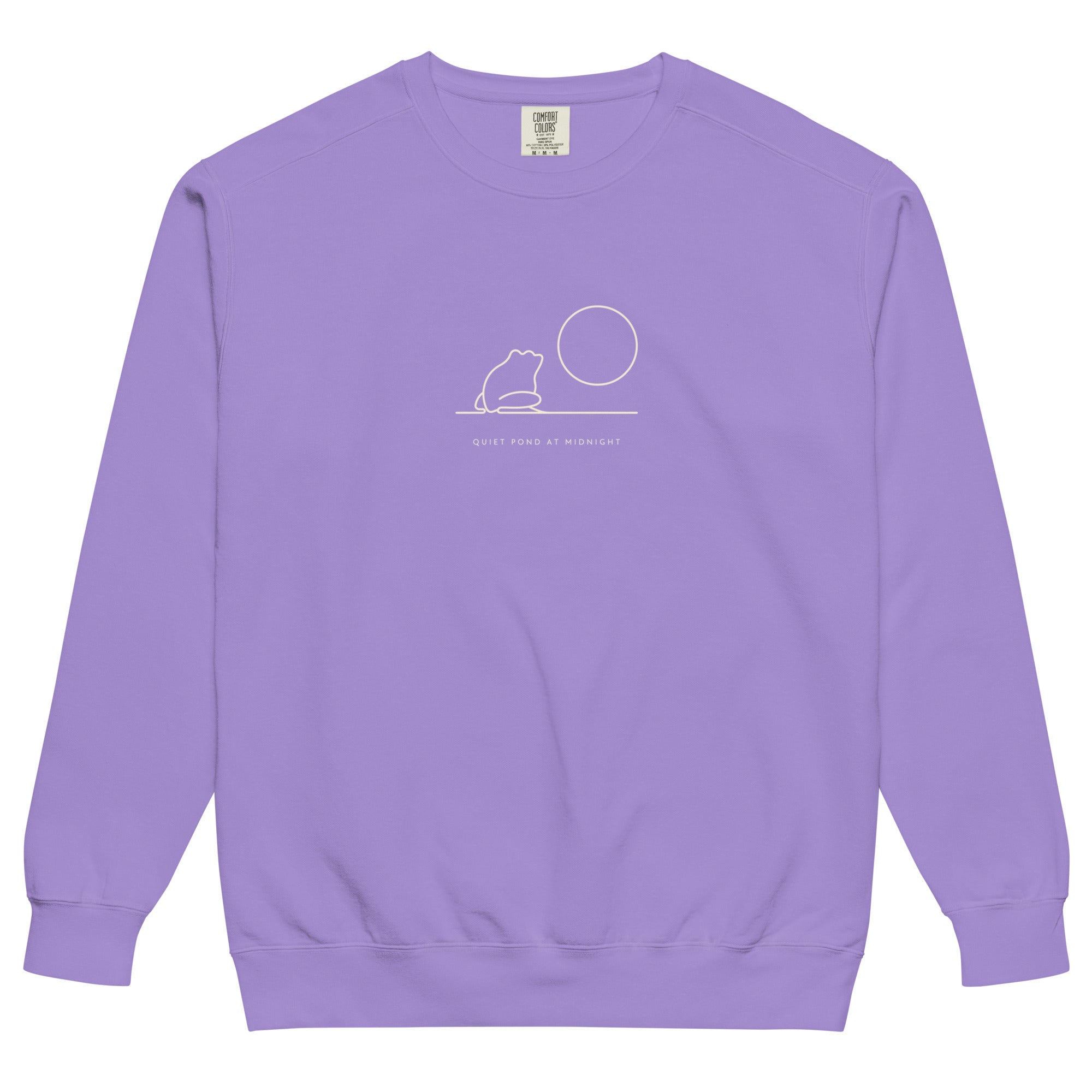 Frog and moon at a quiet pond design on a Violet garment-dyed sweatshirt