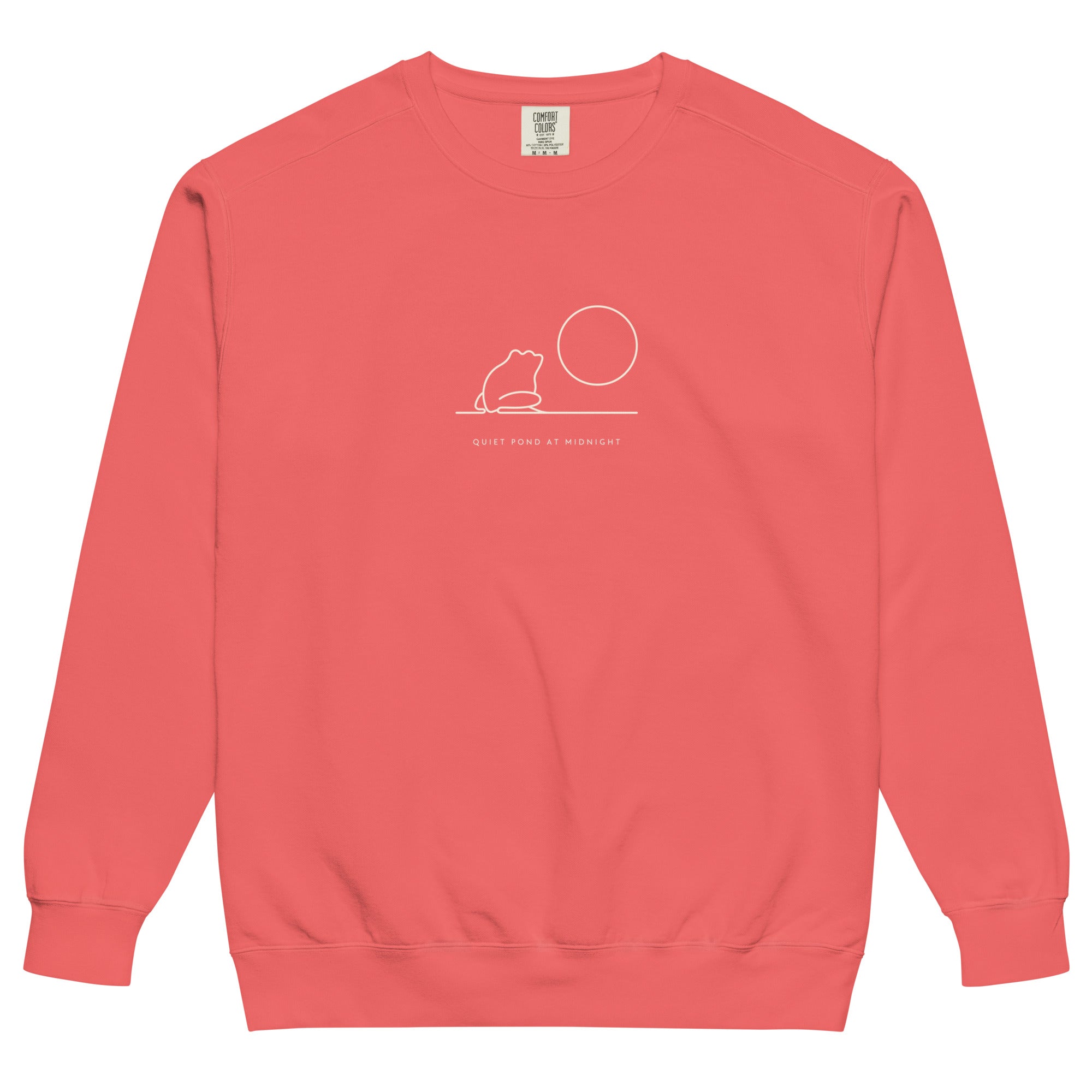 Frog and moon at a quiet pond design on a Watermelon garment-dyed sweatshirt