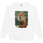 Red fox among winter pines design on a White garment-dyed sweatshirt