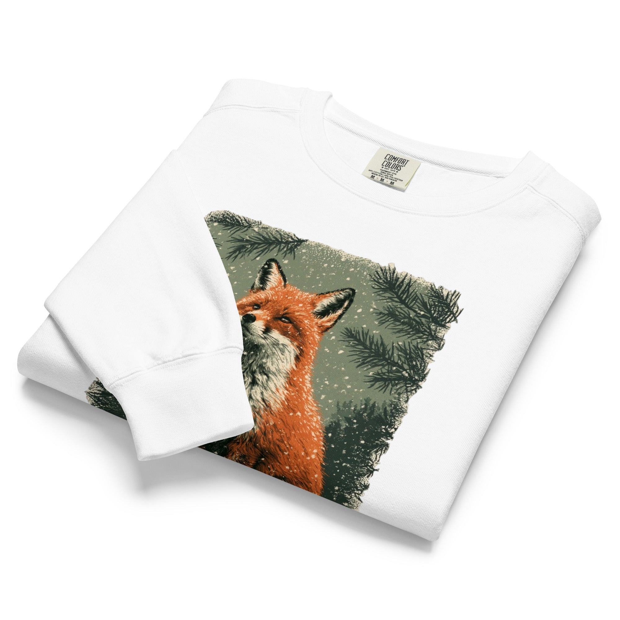 Red fox among winter pines design on a White garment-dyed sweatshirt