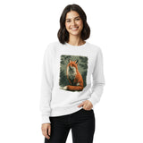 Red fox among winter pines design on a White garment-dyed sweatshirt