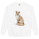 Red fox in falling snow design on a White garment-dyed sweatshirt
