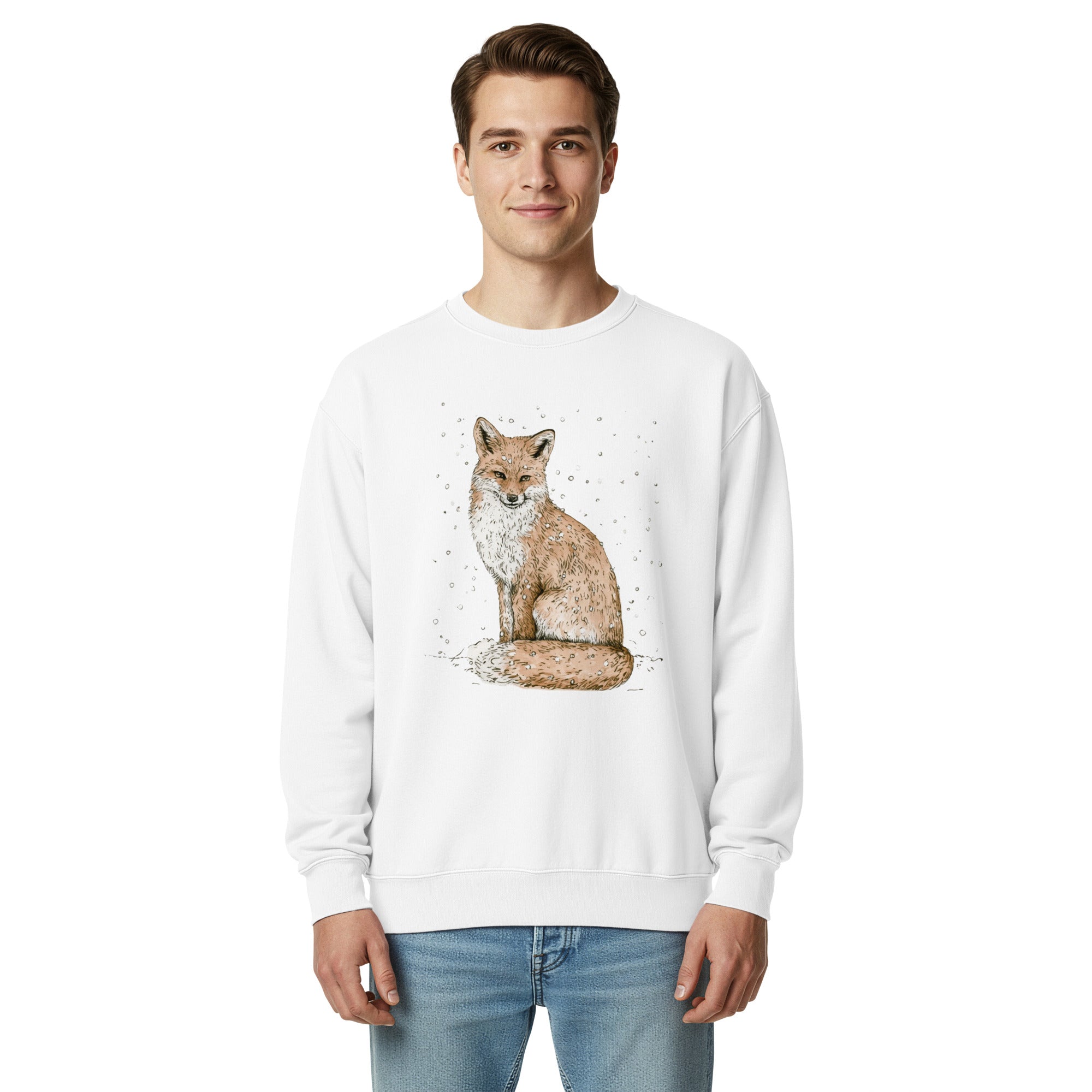 Red fox in falling snow design on a White garment-dyed sweatshirt