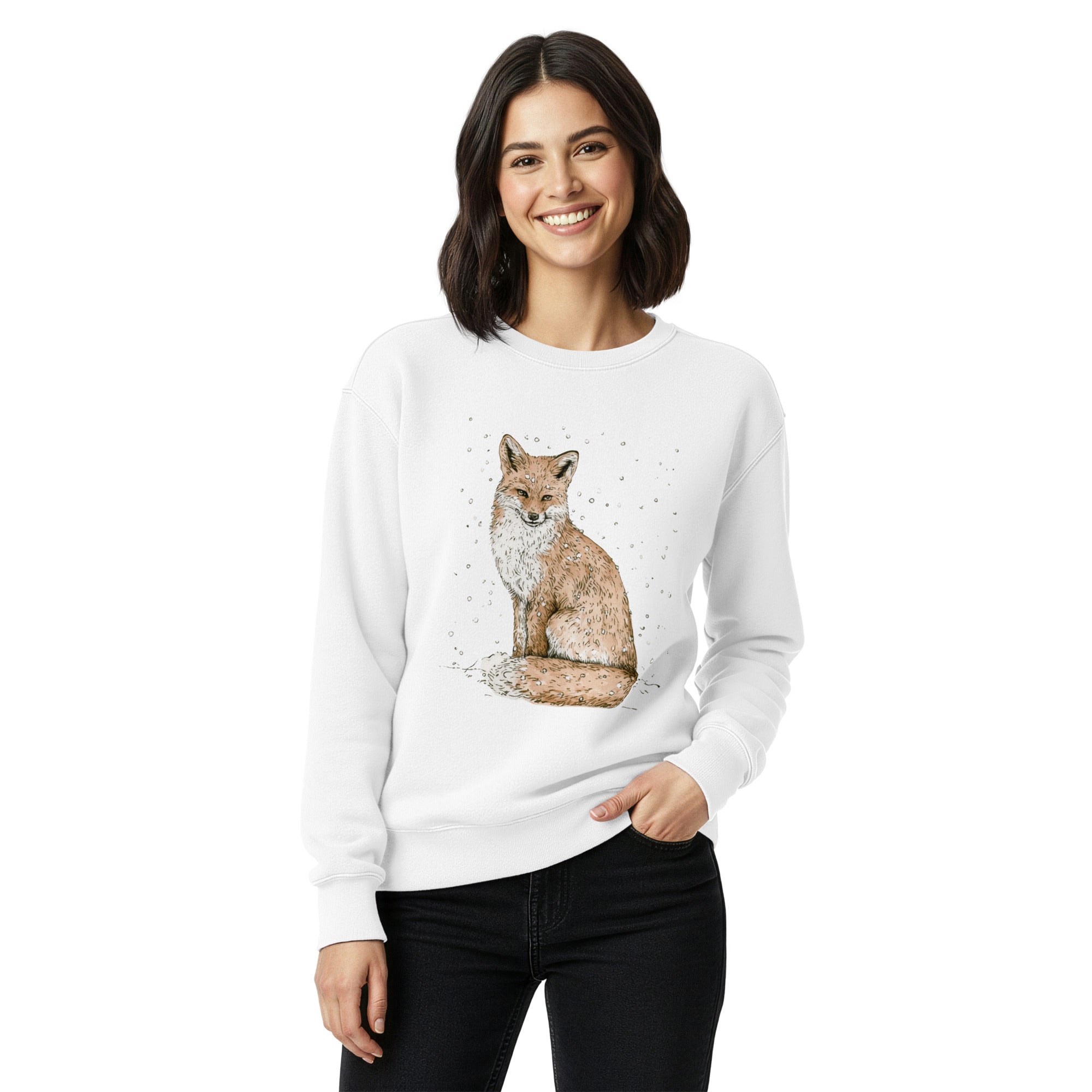 Red fox in falling snow design on a White garment-dyed sweatshirt