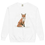 Red fox sitting in the snow design on a White garment-dyed sweatshirt