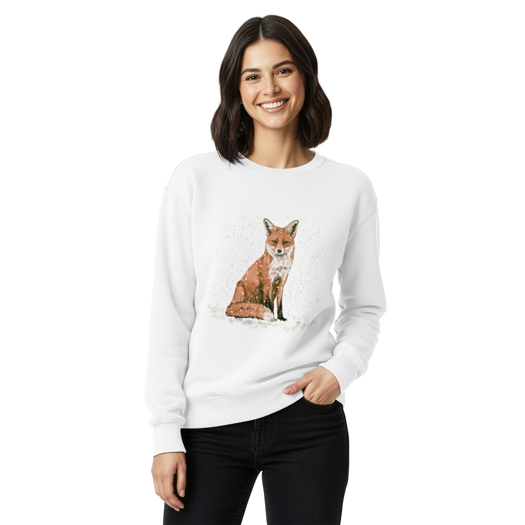 Red fox sitting in the snow design on a White garment-dyed sweatshirt