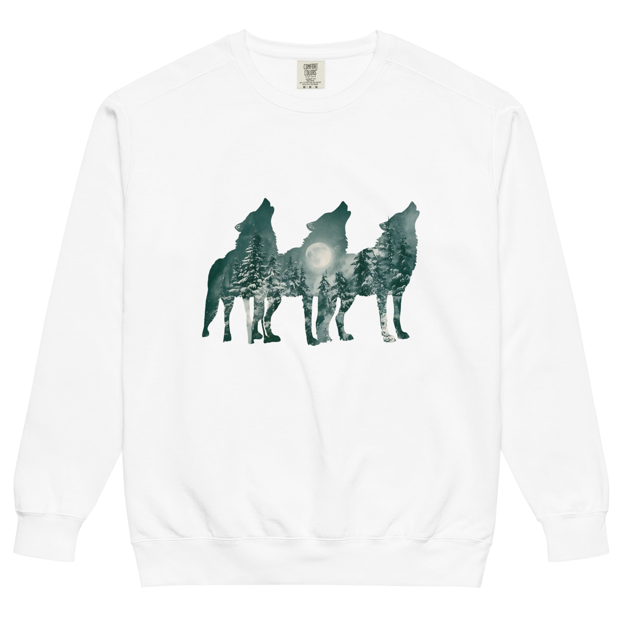 Howling wolves and moonlit forest design on a White garment-dyed sweatshirt