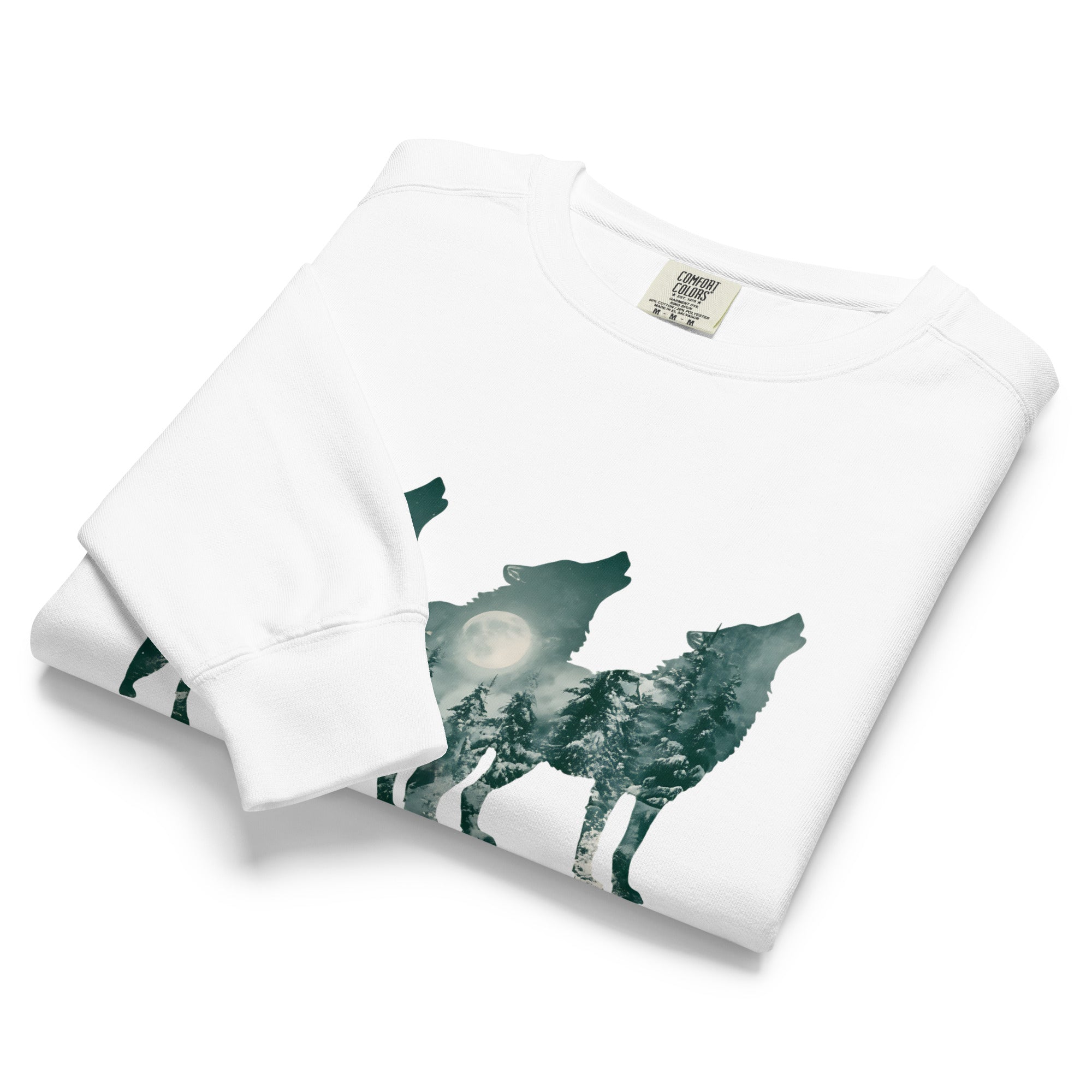 Howling wolves and moonlit forest design on a White garment-dyed sweatshirt