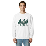 Howling wolves and moonlit forest design on a White garment-dyed sweatshirt